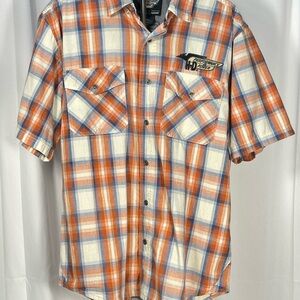Men’s Short Sleeve Harley Davidson Plaid Button-Up w/large print logo on back